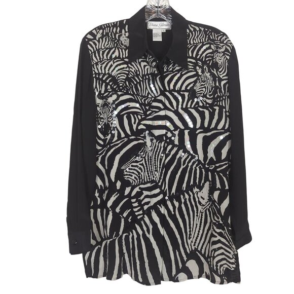 Vintage Diane Gilman Zebra Print Button-Up Black‎ White Silk Sequin Blouse Sz S - Picture 1 of 16